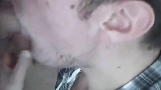 Twink friend kneels blowing cock, POV cumshot in mouth closeup