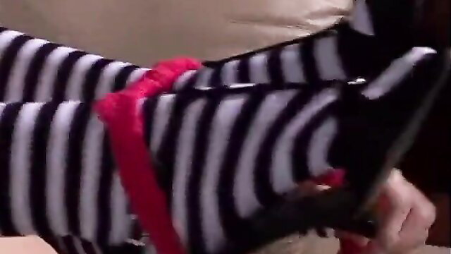 Kelly Skyline in striped thigh-high socks bound and fucked hard