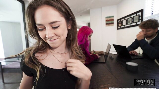 Brunette and pink-haired babes in hot study group fuck with guy