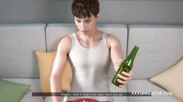 Young toned twink Marvin holds beer bottle in tank top, hentai sim style