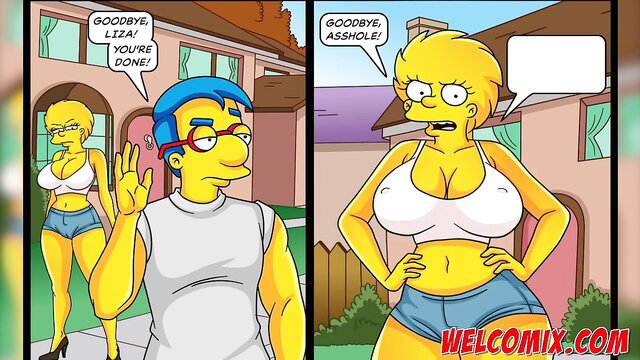 Busty Simpsons Lisa yells goodbye asshole at blue-haired guy in skimpy outfit