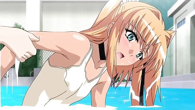 Blonde anime hentai girl in wet white lingerie smiling by pool