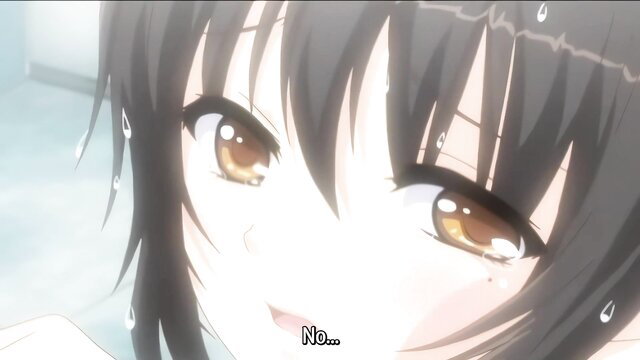 Petite anime girl with wet black hair and golden eyes in hentai scene