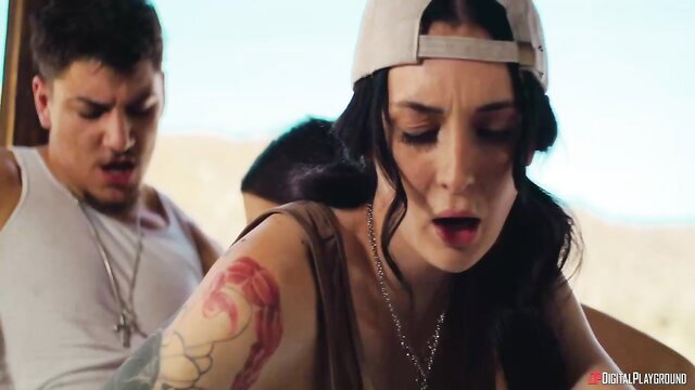 Kylie Rocket and Charlotte Sins FFM threesome with tatted guys outdoors