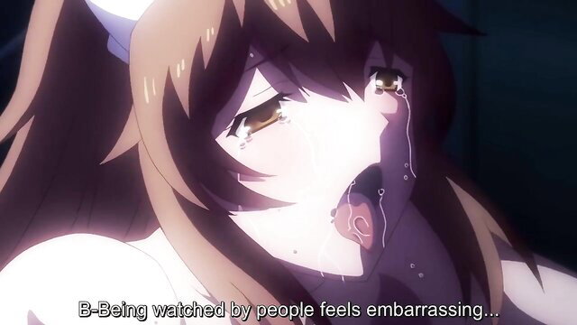 Blushing anime nurse with cat ears cries in ecstasy, semen dripping from open mouth