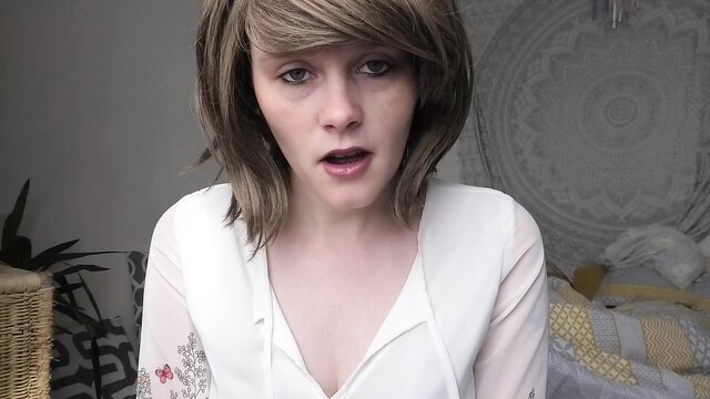 Sydney Harwin in sheer white blouse, seductive confession look