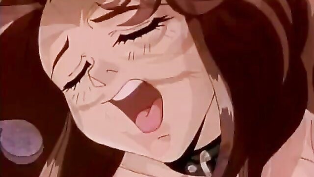 Anime hentai girl with open mouth in ecstasy, slave collar gangbang