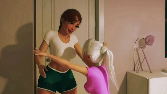 3D anime futa mommy in white crop top green shorts analyzed by pink girl