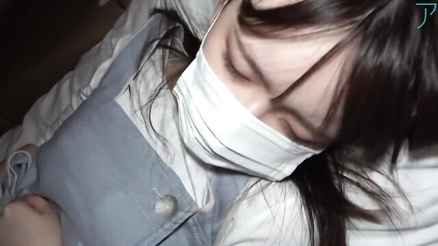 Asian JAV girl in apron and mask lying on bed, seductive eyes FC2-PPV