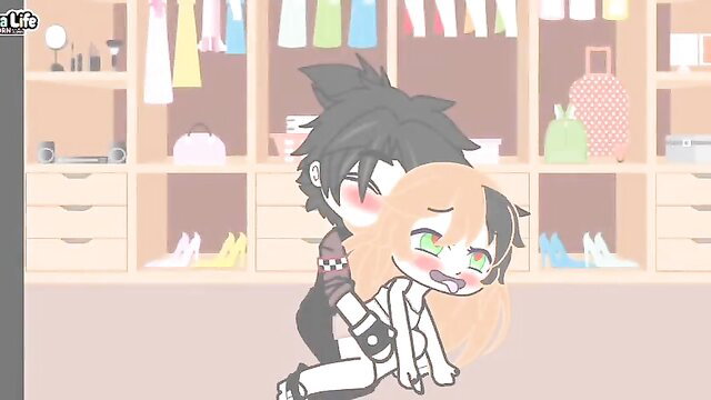 Anime chibi couple in closet: black-haired guy gropes orange-haired girl from behind