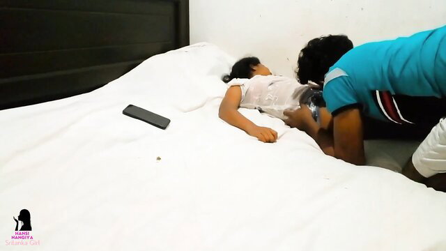 Sri Lankan man fucking tiny girl doggy style on bed