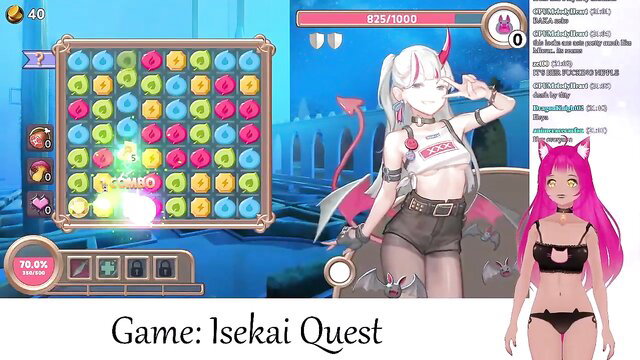 Pink-haired lewd VTuber Neko in bikini rides dick in Isekai Quest game stream
