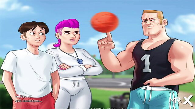Anime Summertime Saga teen boy, pink-haired milf coach, buff hunk with basketball
