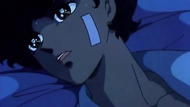 Anime girl with black hair and eye bandage crying in bed, hentai OVA scene