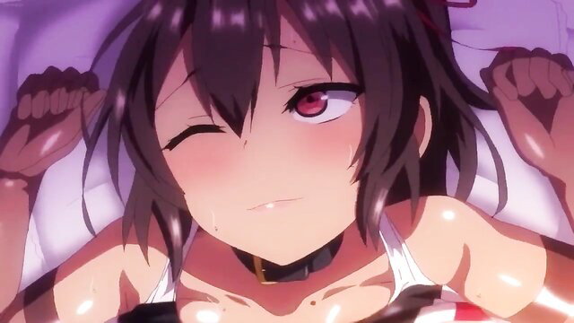 Busty anime schoolgirl winking seductively in bed, hentai tease