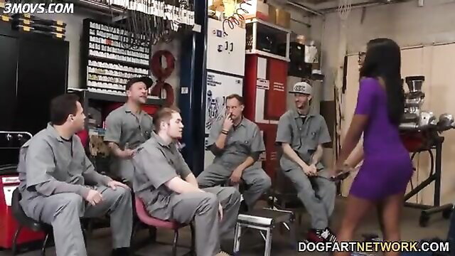 Bellah Dahl black babe in purple mini dress with white mechanics gangbang