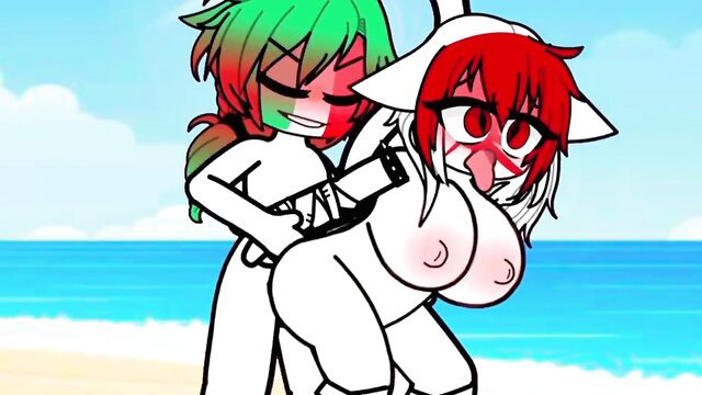 Green-haired girl gropes busty white bunny girl with huge tits on beach
