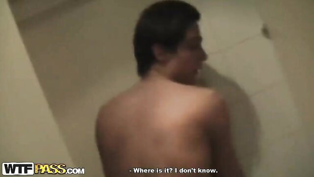 Nude muscular guy looking for something in steamy shower, homemade amateur