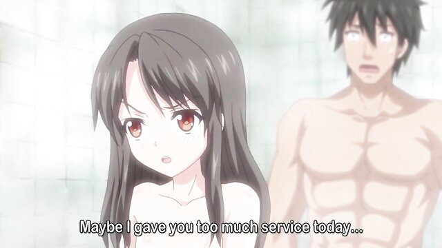 Petite anime landlady nude with muscular guy in shower, JAV hentai