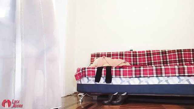 Lina Moore naked on bed with black stockings and heels, gaping ass tease