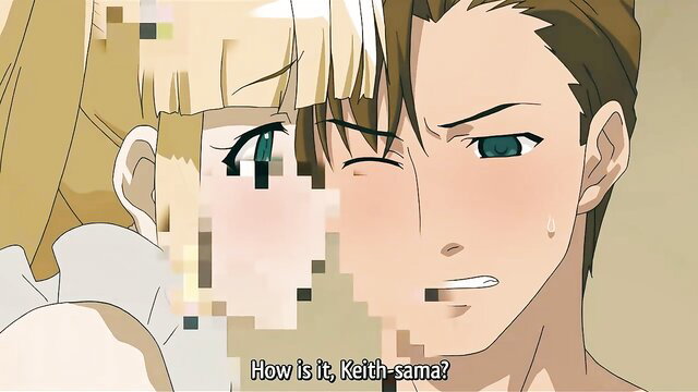Anime blonde girl in lingerie asks 'How is it Keith-sama?' close-up