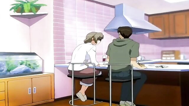Anime hentai mom and virgin daughter in kitchen with tutor threesome