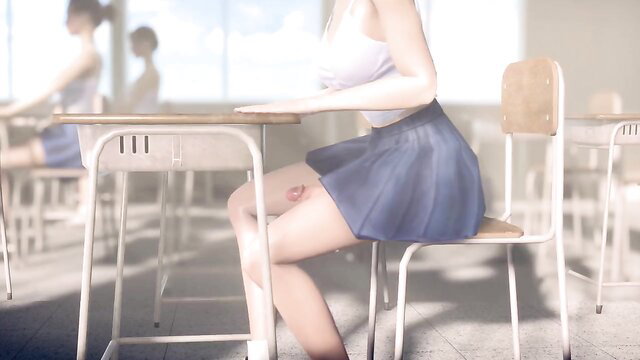 Chinese schoolgirl hermaphrodite in skirt sitting at desk in classroom