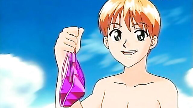 Anime boy holding pink slingshot bikini nude beach smiling