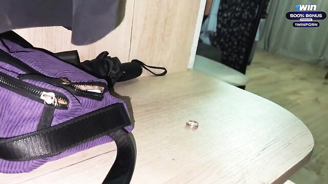 Hot wife bag and ring on table in amateur porn setup
