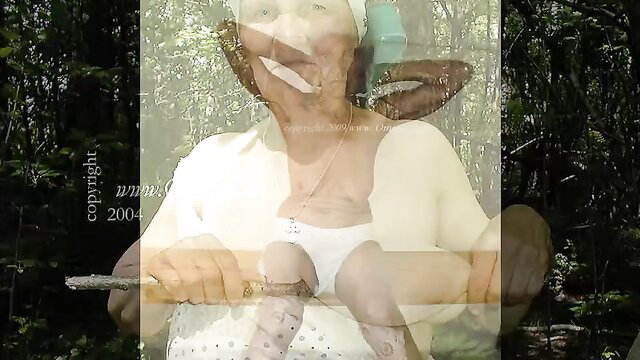 Granny compilation thumbnail with toy, forest overlay, explicit pussy view