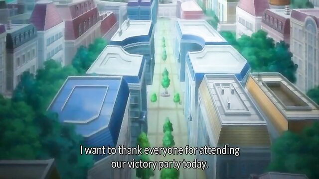 Busty anime princess victory speech at outdoor party in Oujo & Onna 2