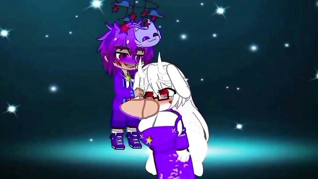 Purple-haired Gacha hentai boy gropes white bunny girl under starry sky