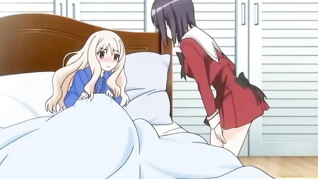 Blonde teen in bed with dark-haired girl in sexy school uniform hentai lesbians