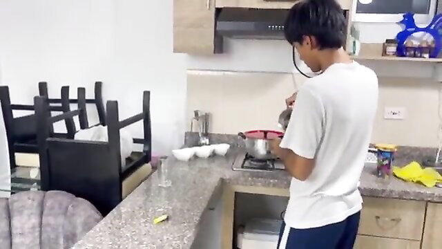 Cute Asian guy cooking in kitchen, new tenant fuck tease thumbnail