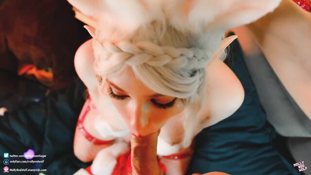 Seductive elf cosplay girl with white hair sucking cock closeup