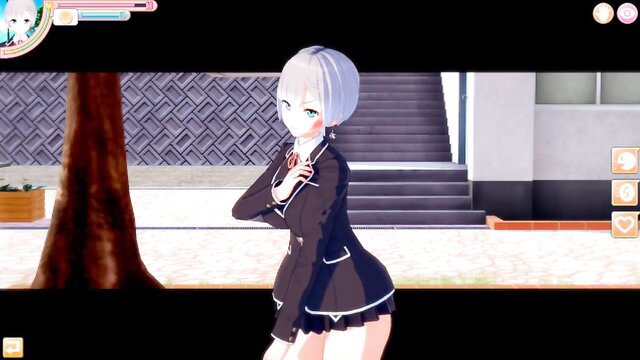 Hentai schoolgirl with huge bouncy tits gripping thick red dildo between breasts