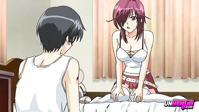 Anime stepsis with huge tits in lingerie teases curious boy for BJ