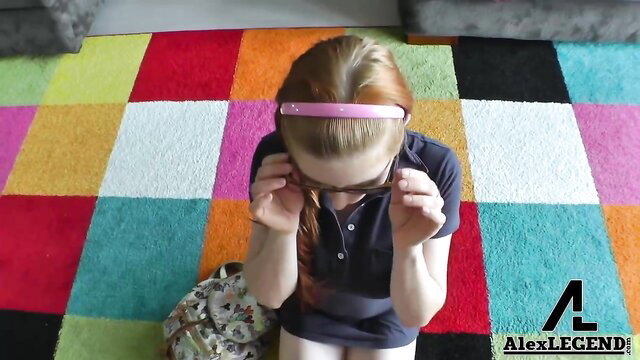 Redhead Penny Pax in polo shirt kneels blindfolded for Alex Legend