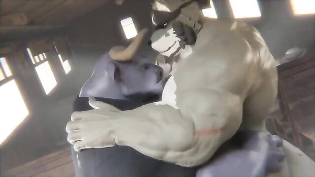 Muscular green furry minotaur groping purple furry in warehouse