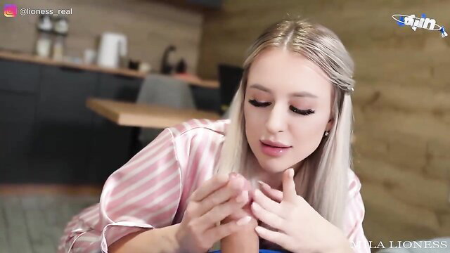 Hot blonde MILF in pink satin pajamas teases in gonzo stepmom porn