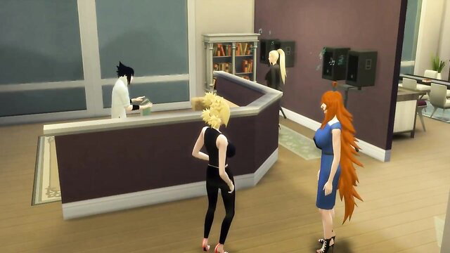 Sasuke cheats with busty blonde Ino at desk as pink-haired Sakura watches