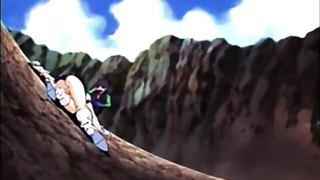 Blonde hentai girl in white outfit clings to cliff in uncensored anime adventure