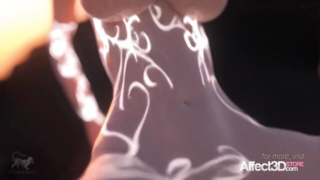 Busty elf neck gripped in peril, glowing white tattoos on pale skin