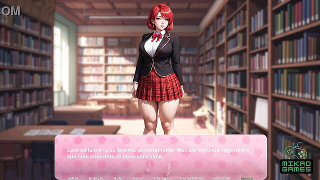 Redhead Waifu in sexy schoolgirl uniform poses in library, 2D hentai game