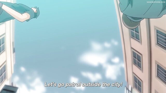 Busty anime warrior girls patrol city skies in tight suits, hentai gangbang tease