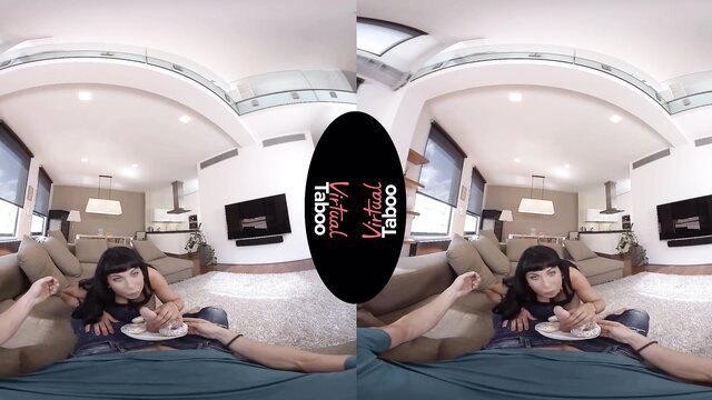 Virtual Taboo MILF with bangs eats from bowl on lap in POV taboo