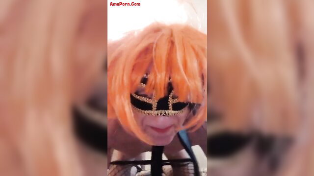 Orange wig masked amateur babe in closeup POV tease, Pamela fa la troia