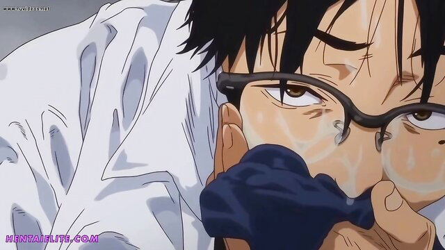 Asian man with glasses sweating intensely, gripping blue cloth close-up