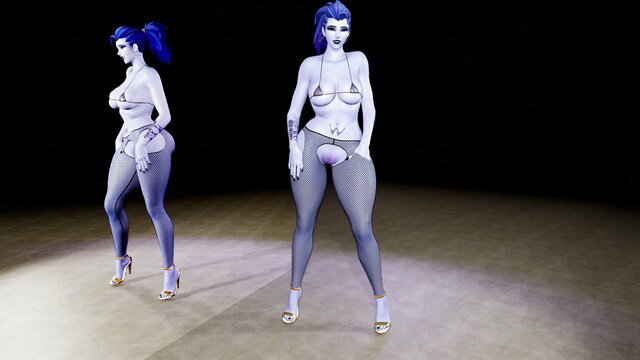 Widowmaker cosplay twins teasing with bulges in lingerie and stockings