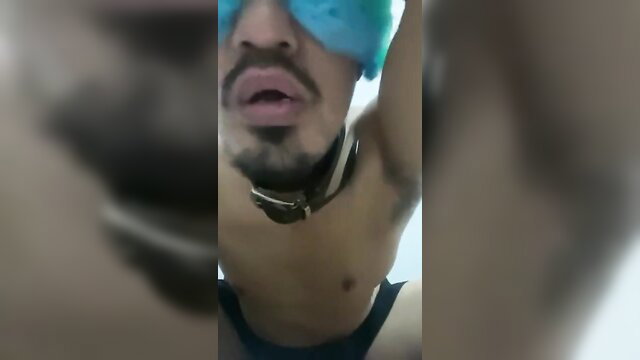 Daddy Miguel moans in ecstasy, shirtless in collar and blue wig POV